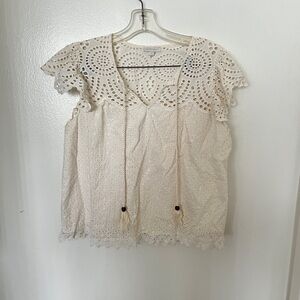 Jennifer&Grace Off White Eyelet Ruffle Sleeve Blouse L Bohemian Peasant